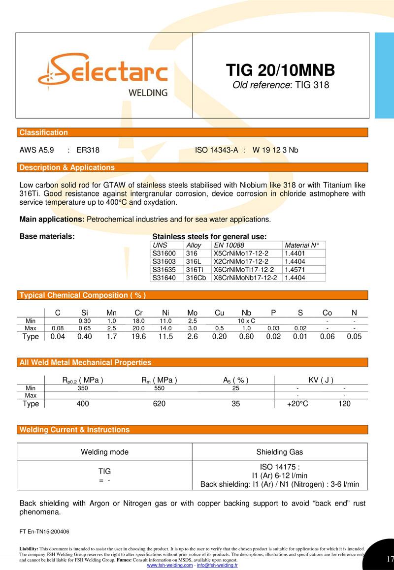er318 Selectarc TIG 20/10MNB